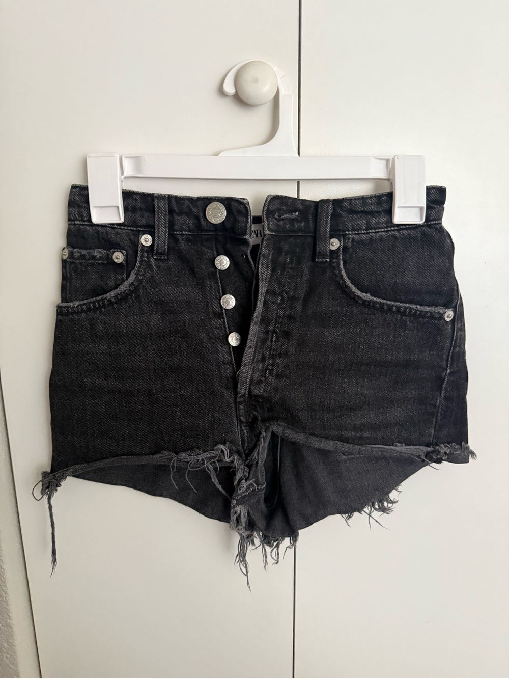 Zara Black Distressed Button-Fly Denim Shorts